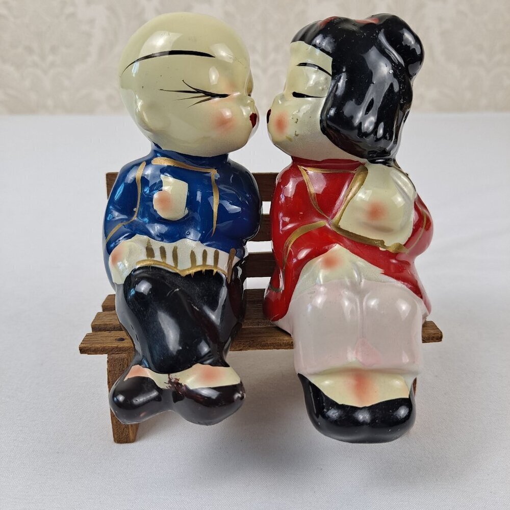 Vintage Kissing Japanese Couple on Wooden Bench Salt & Pepper Shakers Ceramic
